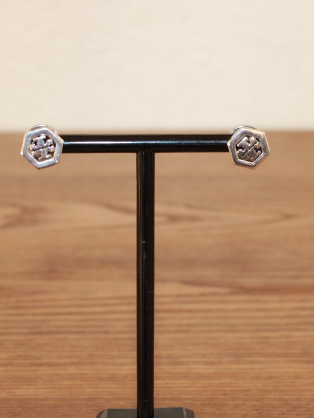 Tory Burch Silver Logo Hexagon Stud Earrings NWT